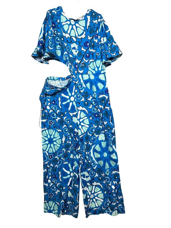RHODE Pants - Rhode Jumpsuit Womens 1X Blue Floral Cutout Waist Short Sleeve Wide Leg Casual